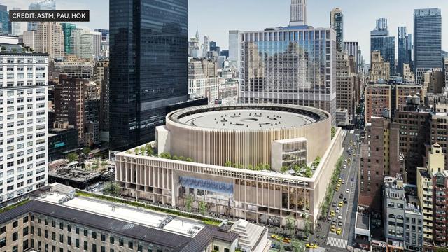 A rendering shows an aerial shot of a redesigned Penn Station. 