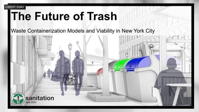 A rendering shows large trash containers on a curb next to a sidewalk. 