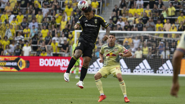 Cucho Hernandez #9 of Columbus Crew heads the ball during the first half against the New York Red Bulls at Lower.com Field in Columbus, Ohio on July 1, 2023. 