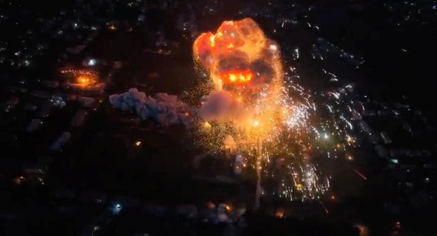 A view of an explosion in Makiivka, Russian-controlled Ukraine, is seen in a screengrab from a social media video released on July 5, 2023