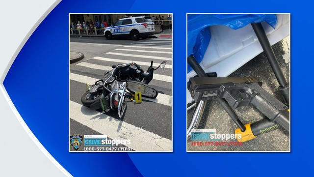 Two side-by-side photos: the first shows a motorized scooter laying on its side in a crosswalk with an NYPD vehicle in the background; the second shows a gun laying on the pavement next to a bike lock. 