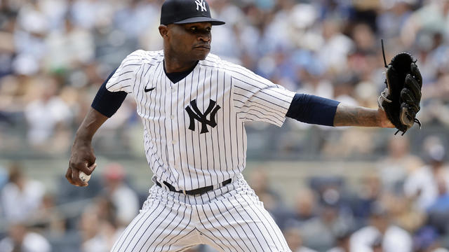 Domingo German #0 of the New York Yankees pitches during the first inning against the Chicago Cubs at Yankee Stadium on July 9, 2023 in the Bronx borough of New York City. 