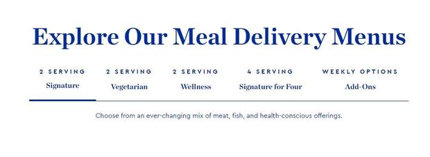 Screenshot of Blue Apron's meal plans. These include: 2 Serving Signature, 2 Serving Vegetarian, 2 Serving Wellness, and 4 Serving Signature for Four, as well as a Weekly Add-Ons option. Text below options states: "Choose from an ever-changing mix of meat, fish, and health-conscious offerings." 