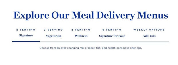 Screenshot of Blue Apron's meal plans. These include: 2 Serving Signature, 2 Serving Vegetarian, 2 Serving Wellness, and 4 Serving Signature for Four, as well as a Weekly Add-Ons option. Text below options states: "Choose from an ever-changing mix of meat, fish, and health-conscious offerings."