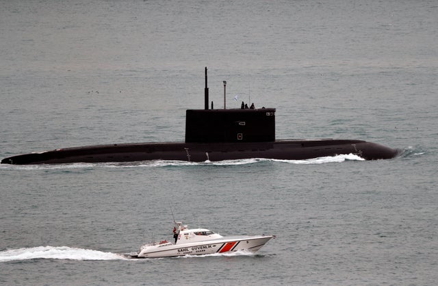 FILE PHOTO: Russian Kilo-class diesel-electric submarine Krasnodar sets sail in the Bosphorus, on its way to the Mediterranean Sea, in Istanbul 