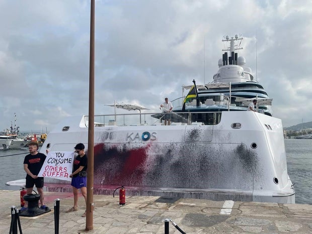 Yacht called Kaos vandalized by climate activists in Ibiza