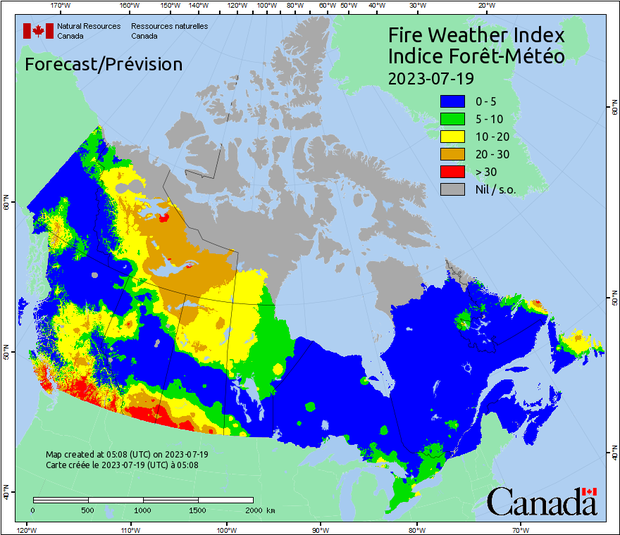 A map from Natural Resources Canada shows the fire weather index for the country for July 19, 2023. 