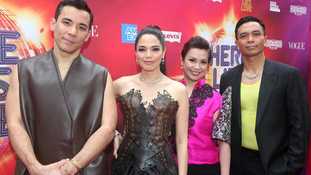 Conrad Ricamora, Arielle Jacobs, Lea Salonga and Jose Lana attend the opening night of "Here Lies Love" at Broadway Theatre on July 20, 2023 in New York City. 
