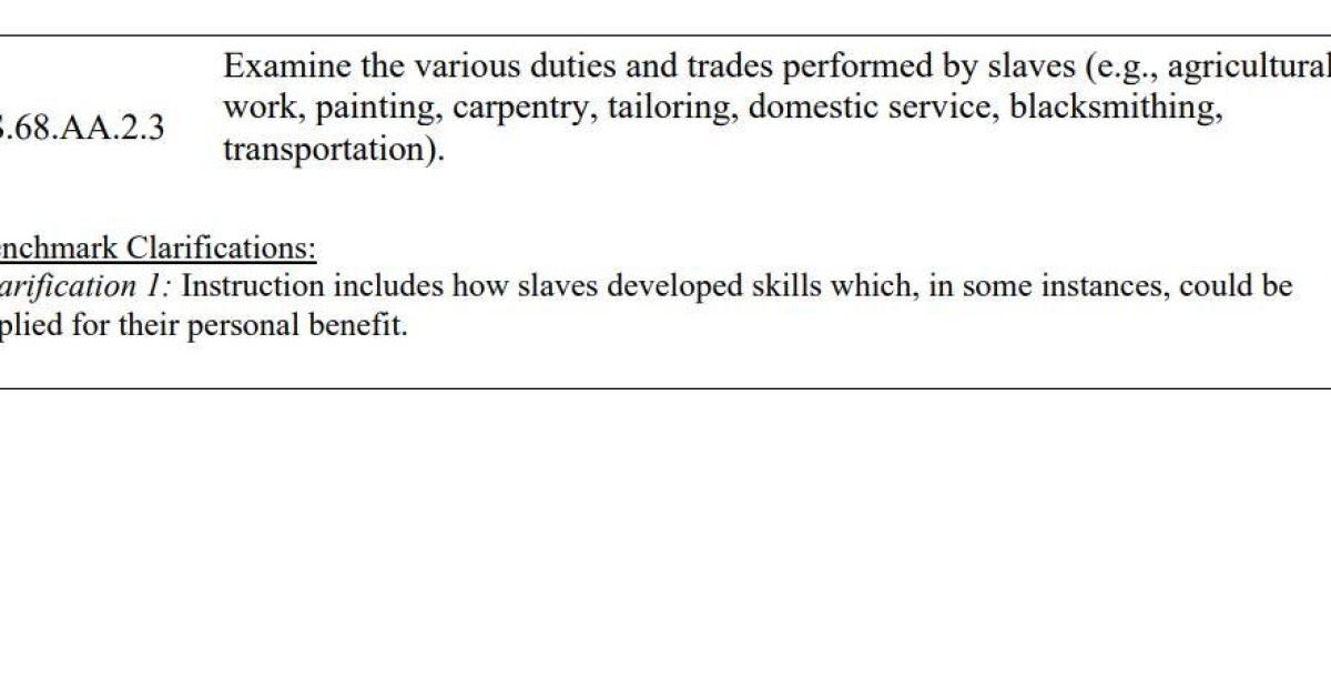 Florida's new Black history curriculum says "slaves developed skills" that could be used for "personal benefit"