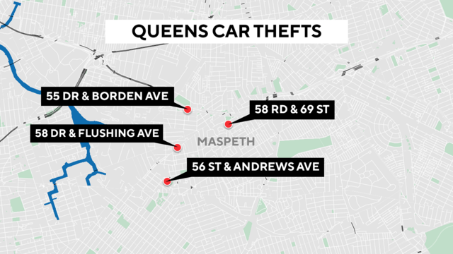A map showing the locations of at least four car thefts in Queens. 