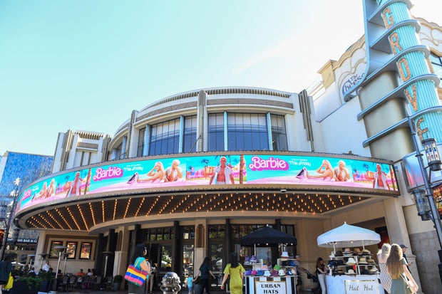 "Barbie" movie on marquee at theater in Los Angeles