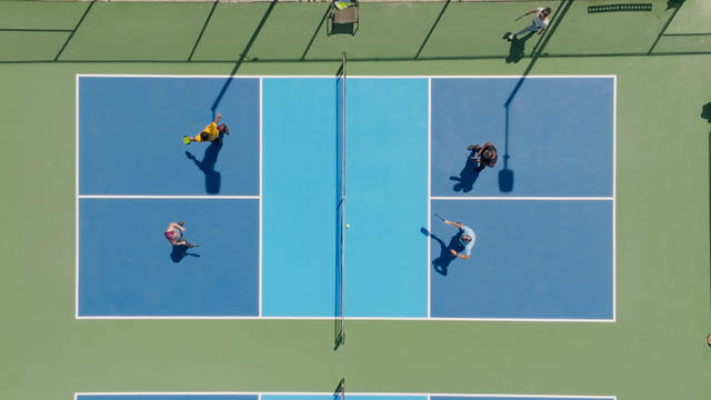 Top Down Aerial View of Doubles Pickleball Game 