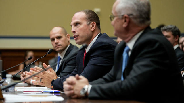 From left, Ryan Graves, David Grusch and David Fravor testify before a House subcommittee about unidentified anomalous phenomena on July 26, 2023, in Washington, D.C. 