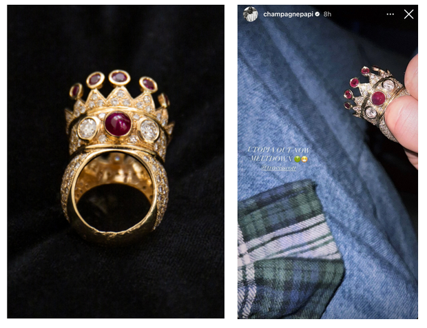 Crown ring designed by Tupac Shakur (L), Drake featuring the jewelry on his Instagram story (R) 