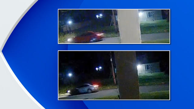 Surveillance images of a red sedan and a silver sedan wanted in connection to a drive-by shooting. 