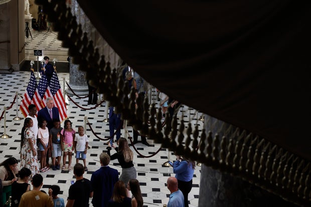 House Speaker Kevin McCarthy Hosts Photo Line And Media Availability In The Capitol's Statuary Hall