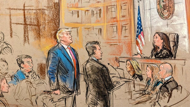A sketch of former President Donald Trump appearing in court to plead not guilty to federal charges in Washington, D.C., on Thursday, Aug. 3, 2023.