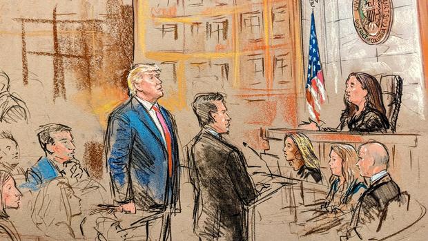 A sketch of former President Donald Trump appearing in court to plead not guilty to federal charges in Washington, D.C., on Thursday, Aug. 3, 2023. 