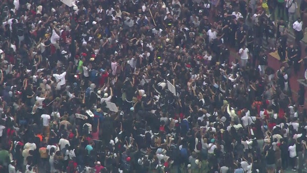 An aerial view of thousands of people crowded into Union Square.