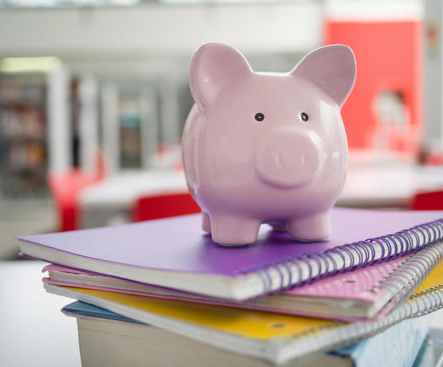 Pink piggy bank on top notebooks - Student loans 