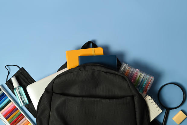 Backpack and various school supplies on light blue blackboard. Top view and space for text. 
