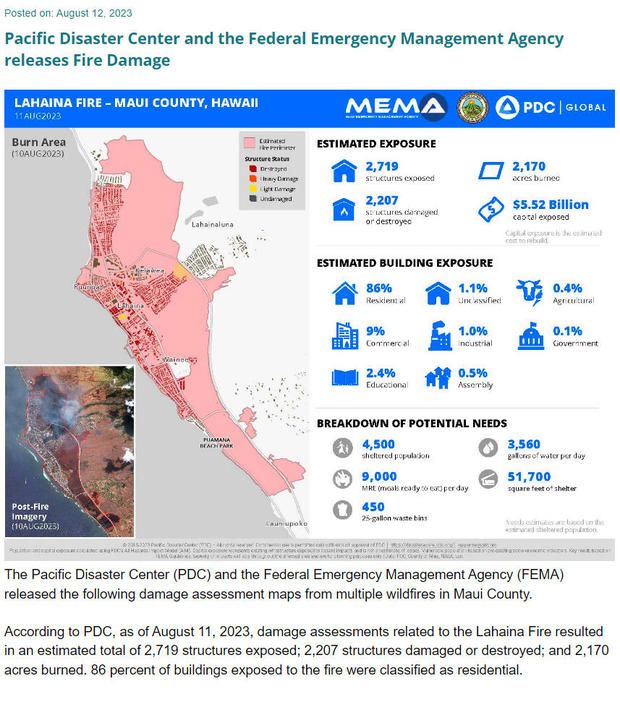 Map with data about the Lahaina, Maui wildfire damage 