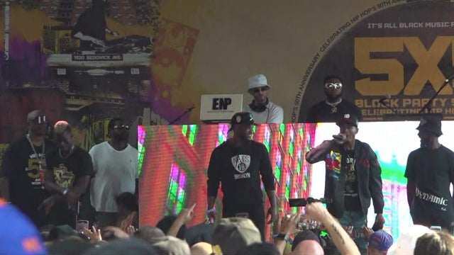 Performers on stage at a hip-hop block party in the Bronx. 