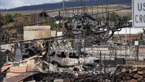 Destruction is seen in a neighborhood on Aug. 13, 2023, in Lahaina, Hawaii, following a deadly wildfire that caused heavy damage days earlier. 