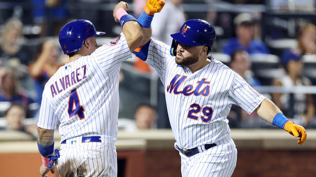 DJ Stewart #29 celebrates with Francisco Alvarez #4 of the New York Mets after hitting a two-run home run during the seventh inning against the Pittsburgh Pirates at Citi Field on August 15, 2023 in the Queens borough of New York City. 