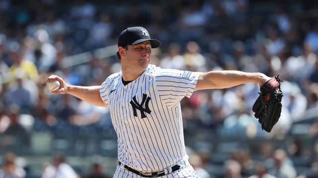 Gerrit Cole #45 of the New York Yankees pitches against the Boston Red Sox during their game at Yankee Stadium on August 19, 2023 in Bronx borough of New York City. 