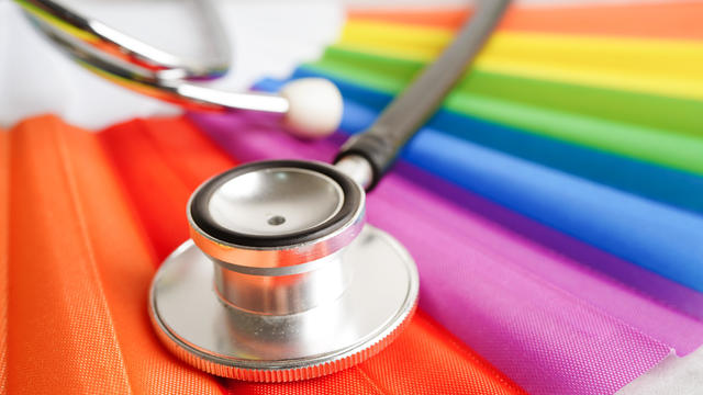 LGBT symbol, Stethoscope with rainbow ribbon, rights and gender equality, LGBT Pride Month in June. 