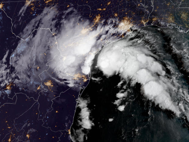 Tropical Storm Harold churns in the Gulf of Mexico in an infrared satellite image at 7:30 a.m. CDT on Aug. 22, 2023. 