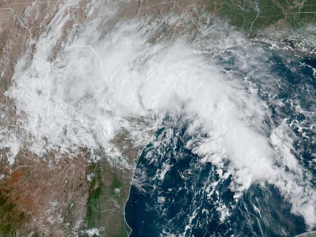 An infrared satellite image shows Tropical Storm Harold hitting Texas at 10:10 a.m. CDT on Aug. 22, 2023.