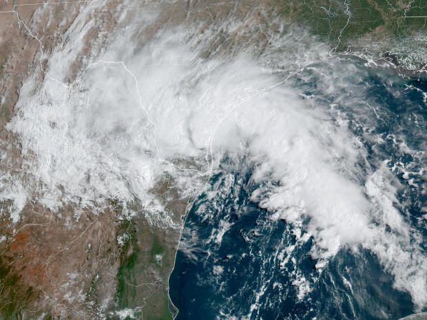 An infrared satellite image shows Tropical Storm Harold hitting Texas at 10:10 a.m. CDT on Aug. 22, 2023. 