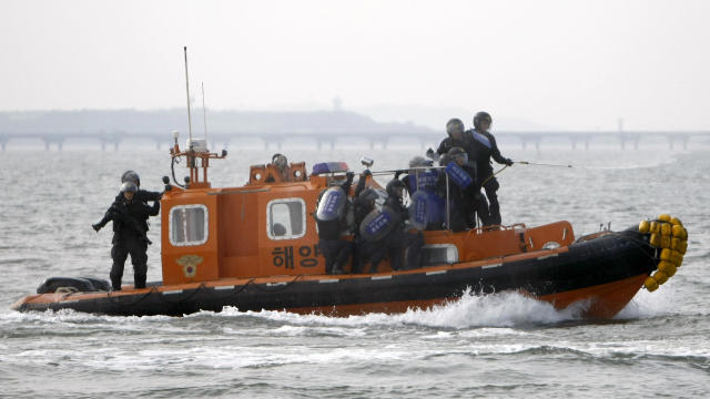 South Korea coast guards perform a drill 