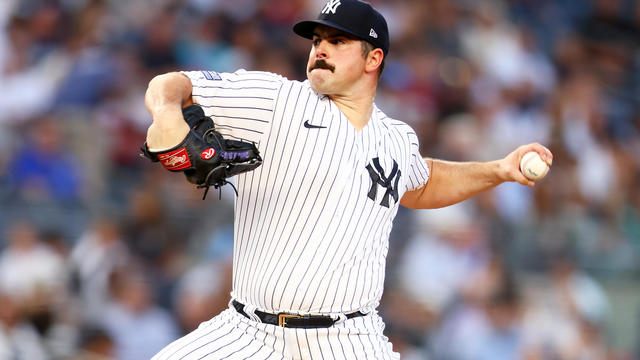 Carlos Redon #55 of the New York Yankees pitches in the first inning against the Washington Nationals at Yankee Stadium on August 22, 2023 in the Bronx borough of New York City. 