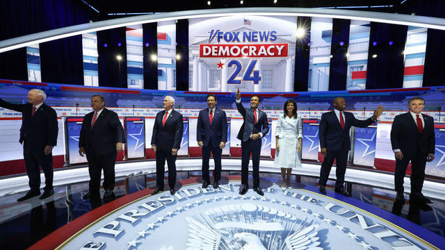 Republican presidential candidates are introduced during the first debate of the GOP primary season hosted by Fox News at the Fiserv Forum on Aug. 23, 2023, in Milwaukee, Wisconsin. 