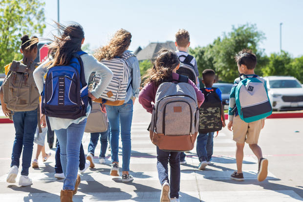 School children walk away from camera in crosswalk 