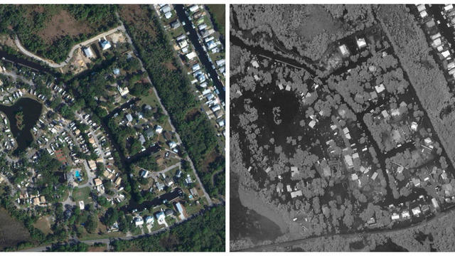 A combination picture shows satellite images of Crystal River before and after Hurricane Idalia in Florida 