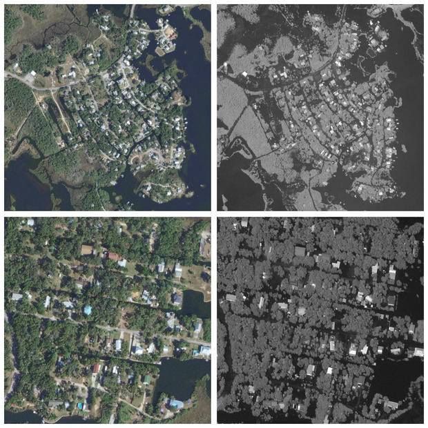 A combination picture shows satellite images of Ozello before and after Hurricane Idalia in Florida 