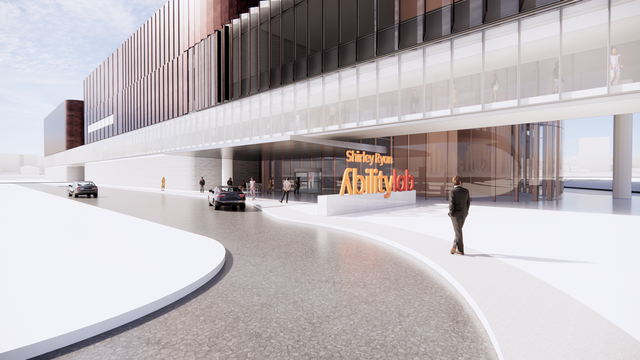 A conceptual rendering of the entrance to the Shirley Ryan AbilityLab rehabilitation hospital within Henry Ford Health's new patient tower 