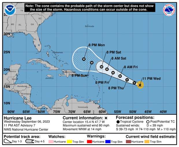 Hurricane Lee projected path
