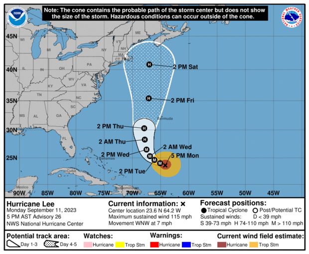 Hurricane Lee forecast path map 