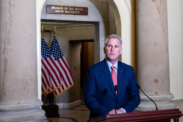 Speaker of the House Kevin McCarthy announces he is directing House committees to open a formal impeachment inquiry into President Biden on Tuesday, Sept. 12, 2023, in the Capitol. 