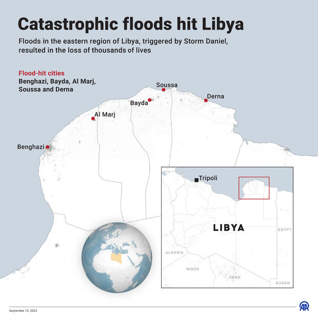 Map shows areas hit by floods in Libya 