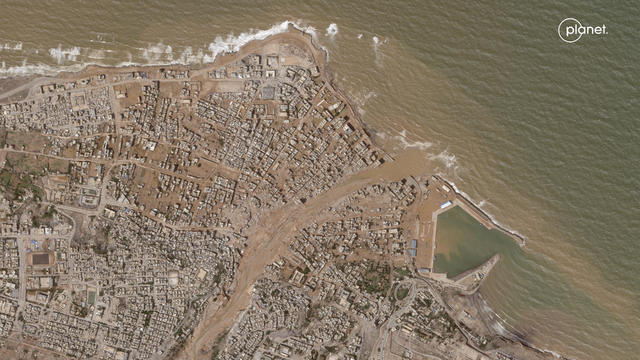 A satellite image shows an area in Derna 