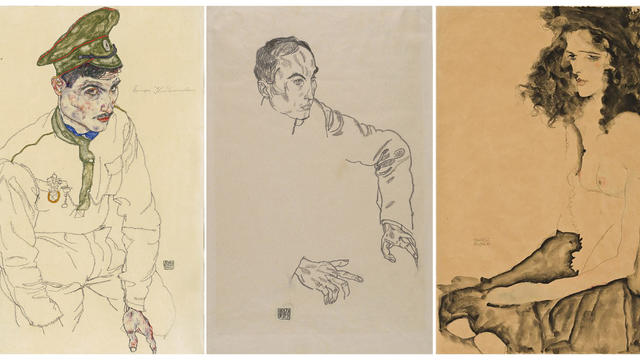 A photo split of three artworks by Egon Schiele including "Russian War Prisoner," "Portrait of a Man" and "Girl With Black Hair." 