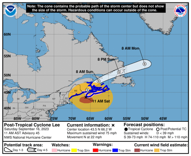 A map from the National Hurricane Center shows the probable path for Post-Tropical Cyclone Lee as of 11 a.m. EDT on Sept. 16, 2023. 