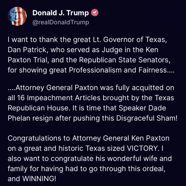 Trump on Paxton acquittal 