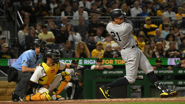 Aaron Judge #99 of the New York Yankees hits an RBI single in the sixth inning during the game against the Pittsburgh Pirates at PNC Park on September 15, 2023 in Pittsburgh, Pennsylvania. 
